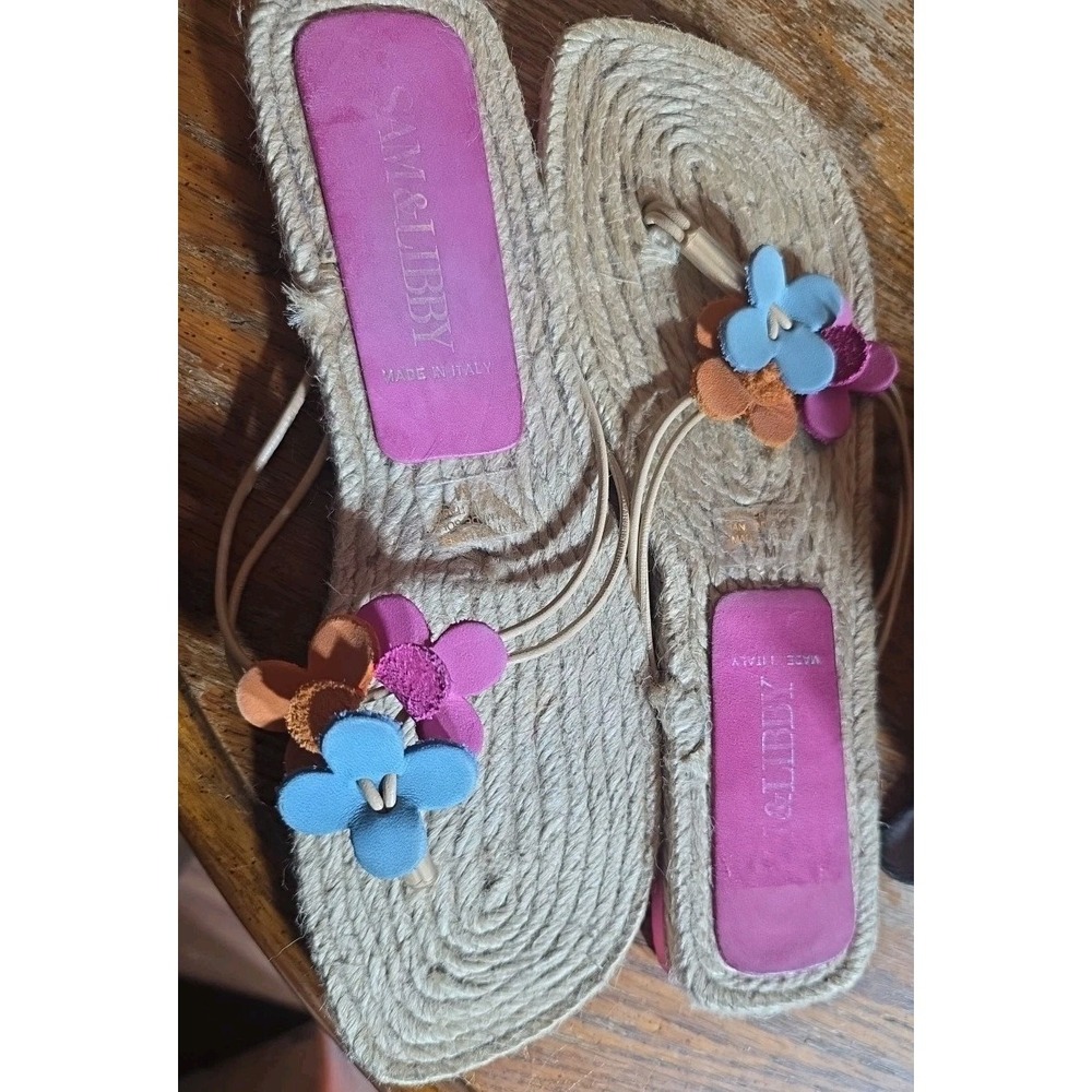Vintage SAM & LIBBY Floral‎ Flip Flops Sandals 7M 90s Y2K Boho Leather Flowers